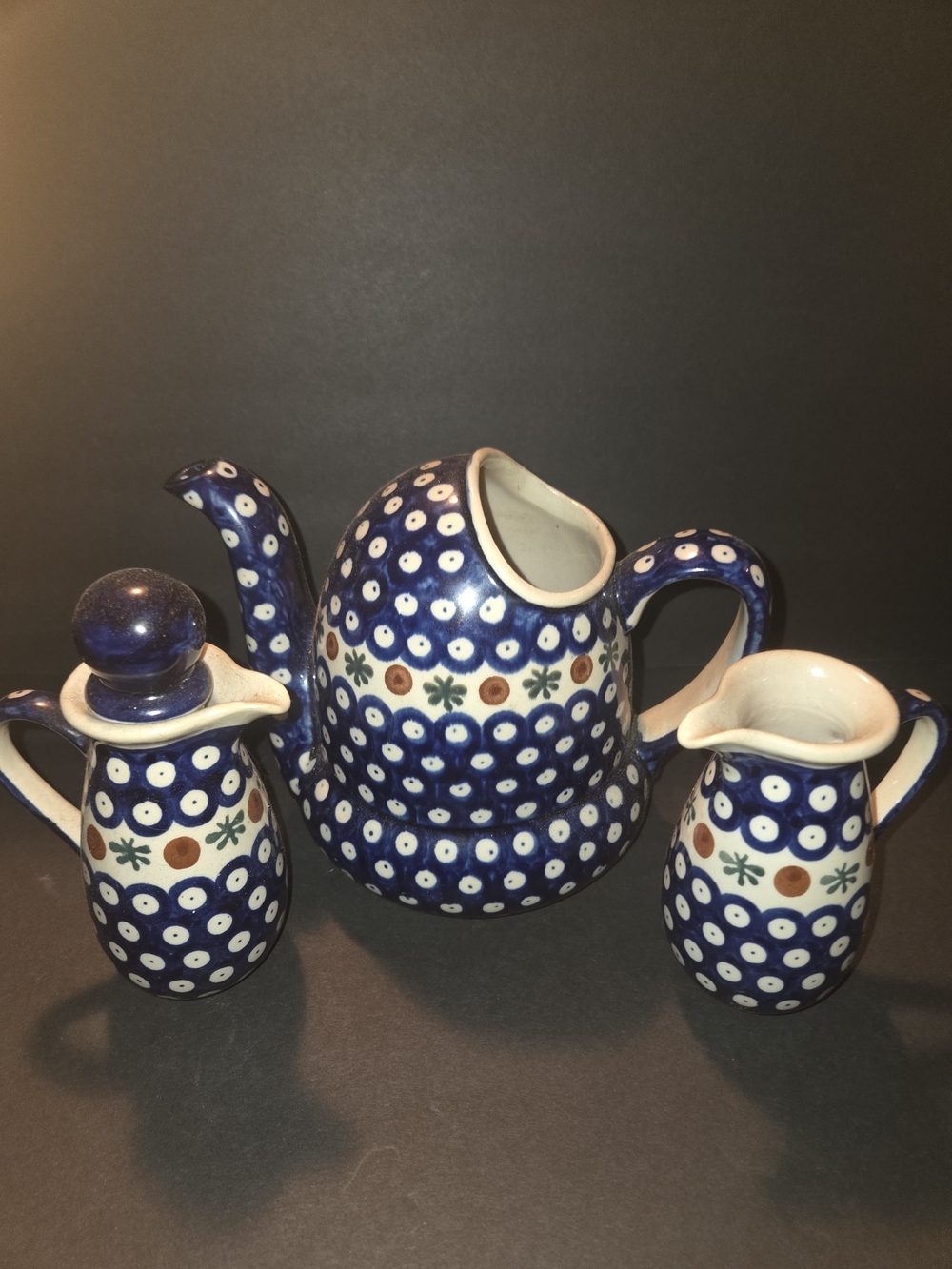 Polish Pottery Watering Can, Oil & Vinegar Set Boleslawiec Mosquito Pattern